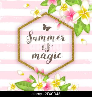 Sfondo tropicale vettoriale floreale estivo con fiori di plumeria, foglie verdi e cornice glitter dorata. L'estate è scritta magica. Fiori tropicali e cornice glitter dorata Illustrazione Vettoriale