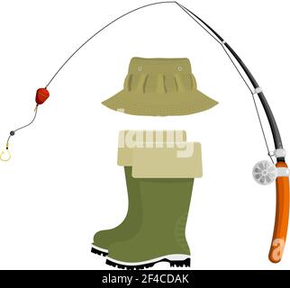 Articoli in magazzino pescatore. Canna da pesca con lenza, mulinello, gancio e galleggiante. Stivali di gomma verde pesca, cappello panama. Oggetti da pesca isolati su sfondo bianco. Illustrazione Vettoriale