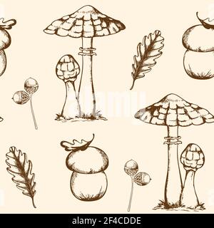 Vintage disegnati a mano vector seamless pattern con funghi, ghiande e caduta di foglie di quercia Illustrazione Vettoriale