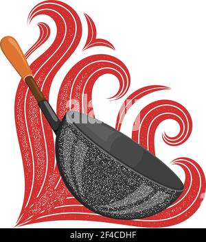 Grande padella nera con fiamme rosse stilizzate. Illustrazione vettoriale stock Illustrazione Vettoriale