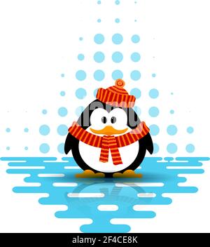 Illustrazione vettoriale di un simpatico pinguino che indossa un cappello e una sciarpa su uno sfondo astratto. Stile cartone animato Illustrazione Vettoriale