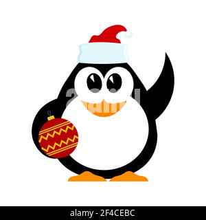 Piccolo pinguino allegro con palla di Natale in cappello di Babbo Natale con una mano sollevata. Stile cartone animato. Illustrazione vettoriale di un pinguino piccolo del bambino. Illustrazione Vettoriale