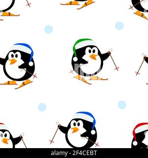Texture vettoriale senza cuciture con pinguini sugli sci. Modello vettoriale con piccoli pinguini carini sugli sci. Illustrazione Vettoriale