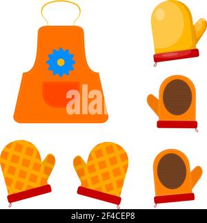 Illustrazione vettoriale degli oggetti da cucina. Set di immagini di cartone di guanti da cucina e grembiule. Illustrazione Vettoriale