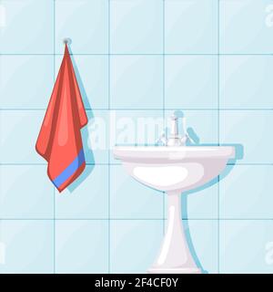 Illustrazione vettoriale del lavabo in ceramica del bagno, pareti piastrellate e asciugamano rosso. Stile cartone animato. Bagno con mobili Illustrazione Vettoriale