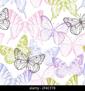 Vettore decorativo motivo senza giunture con farfalle rosa, viola e verde su sfondo bianco. Motivo decorativo senza giunture con farfalle Illustrazione Vettoriale