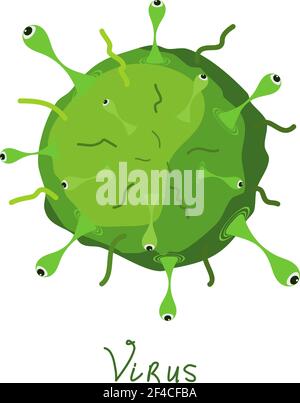 Illustrazione vettoriale virus verde del cartoon. Virus fumetto isolato su sfondo bianco. Stile cartone animato. Natura biologica dei microrganismi Illustrazione Vettoriale