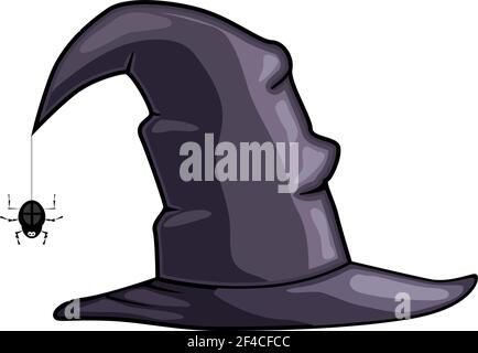 Stock Vector Cartoon cappello da strega con un ragno su un web su sfondo bianco Illustrazione Vettoriale