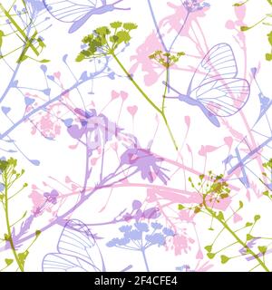 Astratto motivo floreale senza giunture con farfalle, fiori selvatici e foglie su sfondo bianco. Modello senza cuciture con farfalle e fiori selvatici Illustrazione Vettoriale