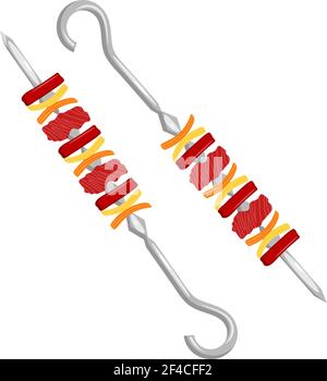 Illustrazione vettoriale del kebab sugli spiedini metallici. Kebab con carne e verdure. Kebab stile cartone animato su sfondo bianco. Cibo a base di carne. Piatto di carne tradizionale sul fuoco Illustrazione Vettoriale