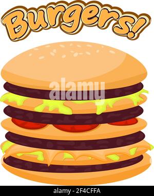 Illustrazione vettoriale di un hamburger su sfondo bianco. Immagine di fast food stile cartoon. Hamburger con carne, pomodori, cavolo Illustrazione Vettoriale