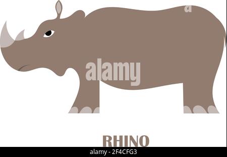 Immagine vettoriale a colori Cute Cartoon Rhinoceros su sfondo bianco. La fauna selvatica animale dell'Africa. Illustrazione vettoriale stock. Stile piatto Illustrazione Vettoriale