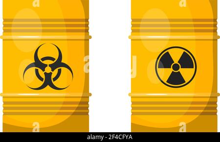 Illustrazione vettoriale di due barili metallici gialli con segni neri di radiazione e pericolo batteriologico sul lato. Oggetto isolato. Barili giallo brillante con contenuto pericoloso Illustrazione Vettoriale