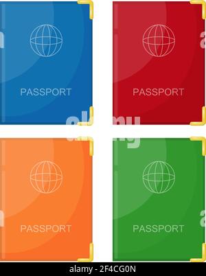 Immagine vettoriale di un passaporto a colori impostato su una copertina colorata su sfondo bianco. Oggetto isolato. Passaporto in stile cartoon Illustrazione Vettoriale