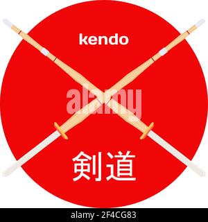 Due spada incrociata di addestramento di bambù per l'addestramento del kendo. Spade giapponesi in legno nel cerchio rosso con i geroglifici. Geroglifici Kendo'. Spada di shinai. Vettore kendo arma' Illustrazione Vettoriale