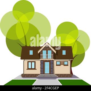 Bella piccola casa con un loft, balcone e alberi sullo sfondo. Edificio con mansarda, pista e prato erboso. Accogliente casa rurale con soppalco. Illustrazione vettoriale stock Illustrazione Vettoriale