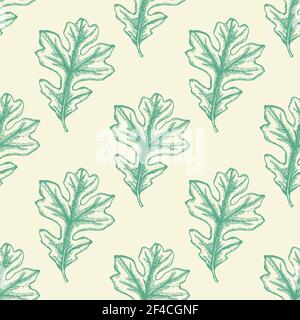Motivo autunnale senza cuciture con foglie di quercia verde. Sfondo vettoriale stagionale disegnato a mano in stile vintage. Illustrazione Vettoriale