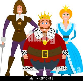 Immagine a colori di una famiglia reale su sfondo bianco. Re, principessa e principe in stile piatto. Illustrazione vettoriale Illustrazione Vettoriale