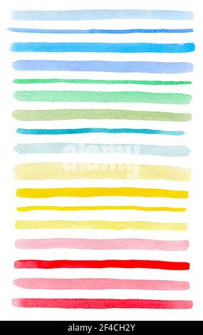 Set di colorate linee acquerello isolato su uno sfondo bianco. Blu, rosa, verde e giallo acquerello vettore blot. Illustrazione Vettoriale