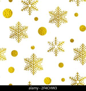 Vettore di Natale seamless pattern con golden fiocchi di neve e cerchi su uno sfondo bianco. Illustrazione Vettoriale