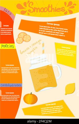 Frullati arancioni. Vetro con frullato vitaminico di banana, arancia e zucca con elementi di infografica e testo. Illustrazione vettoriale di un alimento naturale e sano. Illustrazione Vettoriale
