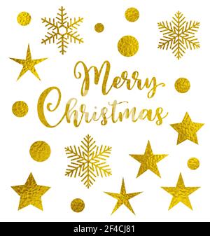 Set di vettore d'oro Natale design elementi, i fiocchi di neve, stelle e cerchi. Buon Natale scritte. Illustrazione Vettoriale