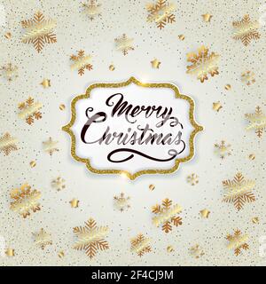 Sfondo dorato brillante di Natale con fiocchi di neve e confetti. Allegra scritta di Natale. Illustrazione vettoriale Illustrazione Vettoriale