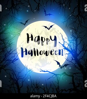 Biglietto d'auguri Halloween con luna piena, pipistrelli e sagome di albero. Illustrazione vettoriale Illustrazione Vettoriale