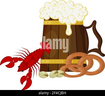 Illustrazione vettoriale di un bicchiere di tazze di birra con cancro, pistacchi e bagel su sfondo bianco. Prodotti alimentari isolati. Stile cartone animato Illustrazione Vettoriale