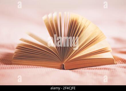 Un interessante libro vecchio con le pagine giallite si trova aperto sul letto con una coperta rosa a strisce. Passatempo e sviluppo di sé. Foto Stock