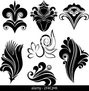Illustrazione vettoriale Set di astratto nero swirl disegno floreale su uno sfondo bianco Illustrazione Vettoriale