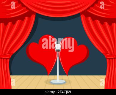 Teatro astratto di Cartoon con backstage rosso, microfono cantato e due cuori. Il concetto di San Valentino&rsquo;s Day. Illustrazione vettoriale stock Illustrazione Vettoriale