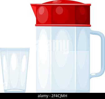 Moderno decanter in vetro con un cappuccio rosso e una tazza di vetro su sfondo bianco. Illustrazione vettoriale stock Illustrazione Vettoriale