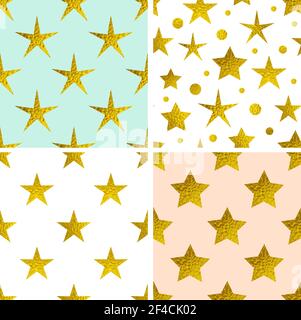 Set di vettore modelli senza giunture con stelle dorate. Decorativi sfondi di festa. Illustrazione Vettoriale