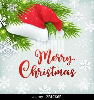 Scheda di Natale con verde ramo di abete e il cappello di Babbo Natale su un sfondo innevato. Illustrazione Vettoriale. Illustrazione Vettoriale