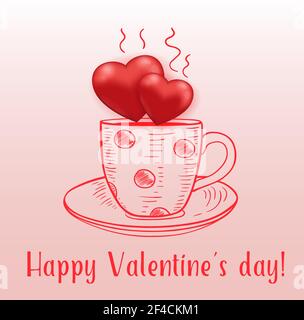 Tazza da caffè con cuori rossi su sfondo rosa. Biglietto d'auguri per San Valentino&rsquo;s. Illustrazione vettoriale disegnata a mano. Illustrazione Vettoriale