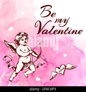 Vintage romantic valentine card con Cupido e cuore su una rosa di sfondo ad acquerello. Illustrazione Vettoriale. Illustrazione Vettoriale