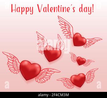 Cuori rossi con ali che volano nell'aria. Biglietto d'auguri per San Valentino&rsquo;s giorno. Illustrazione vettoriale disegnata a mano. Illustrazione Vettoriale