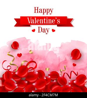 Biglietto d'auguri decorativo per San Valentino&rsquo;s con petali di rosa su sfondo rosa acquerello. Illustrazione vettoriale Illustrazione Vettoriale