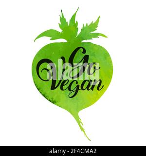 Acquerello verde vegetali di radice e lettering Go vegan. Stile di vita vegetariano concetto. Disegnato a mano illustrazione vettoriale Illustrazione Vettoriale