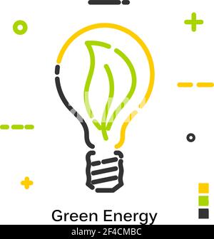 Energia verde. La lampadina brucia il fogliame verde. Icona di linea isolata su sfondo bianco. Illustrazione vettoriale. Illustrazione Vettoriale
