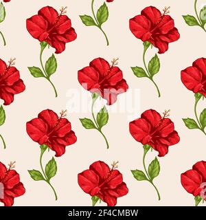Tropical seamless pattern con rosso fiori di ibisco. Disegnata a mano vintage sfondo vettoriale. Illustrazione Vettoriale
