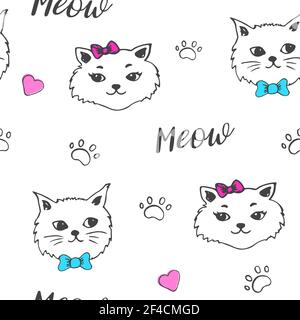 Cute cat seamless pattern. Vettore decorativo sfondo con animali. Doodle stile. Illustrazione Vettoriale