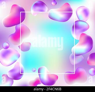 Astratto vettore luminoso sfondo colorato con gocce di liquido in caduta. Forme rosa e viola e cornice per il testo su sfondo sfocato. Illustrazione Vettoriale
