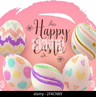 Pasqua biglietto di auguri con pittura a mano le uova su un sfondo rosa. Illustrazione Vettoriale. Felice Pasqua scritte Illustrazione Vettoriale