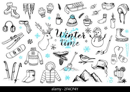 Insieme di doodles invernali disegnati a mano vettoriali su sfondo bianco. Abbigliamento, attrezzature sportive ed elementi di design della natura. Illustrazione Vettoriale