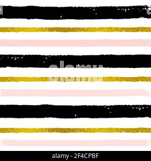 Vettore a strisce astratto modello senza giunture. Grunge decorativo con sfondo nero, rosa e strisce dorate Illustrazione Vettoriale