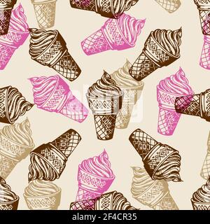 Vintage patterns senza giunture con gelato in cono di cialda. Disegnato a mano sfondo vettoriale Illustrazione Vettoriale