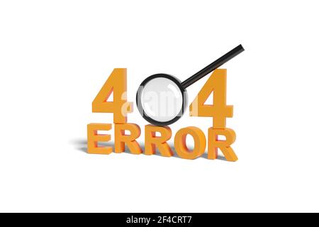 Errore 404 testo pieno e lente di ingrandimento isolati su sfondo bianco. illustrazione 3d. Foto Stock