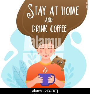 Ragazza che beve un caffè a casa dalla finestra in quarantena. Concetto di soggiorno a casa. Autoisolamento durante l'epidemia di coronavirus. Illustrazione vettoriale. Illustrazione Vettoriale